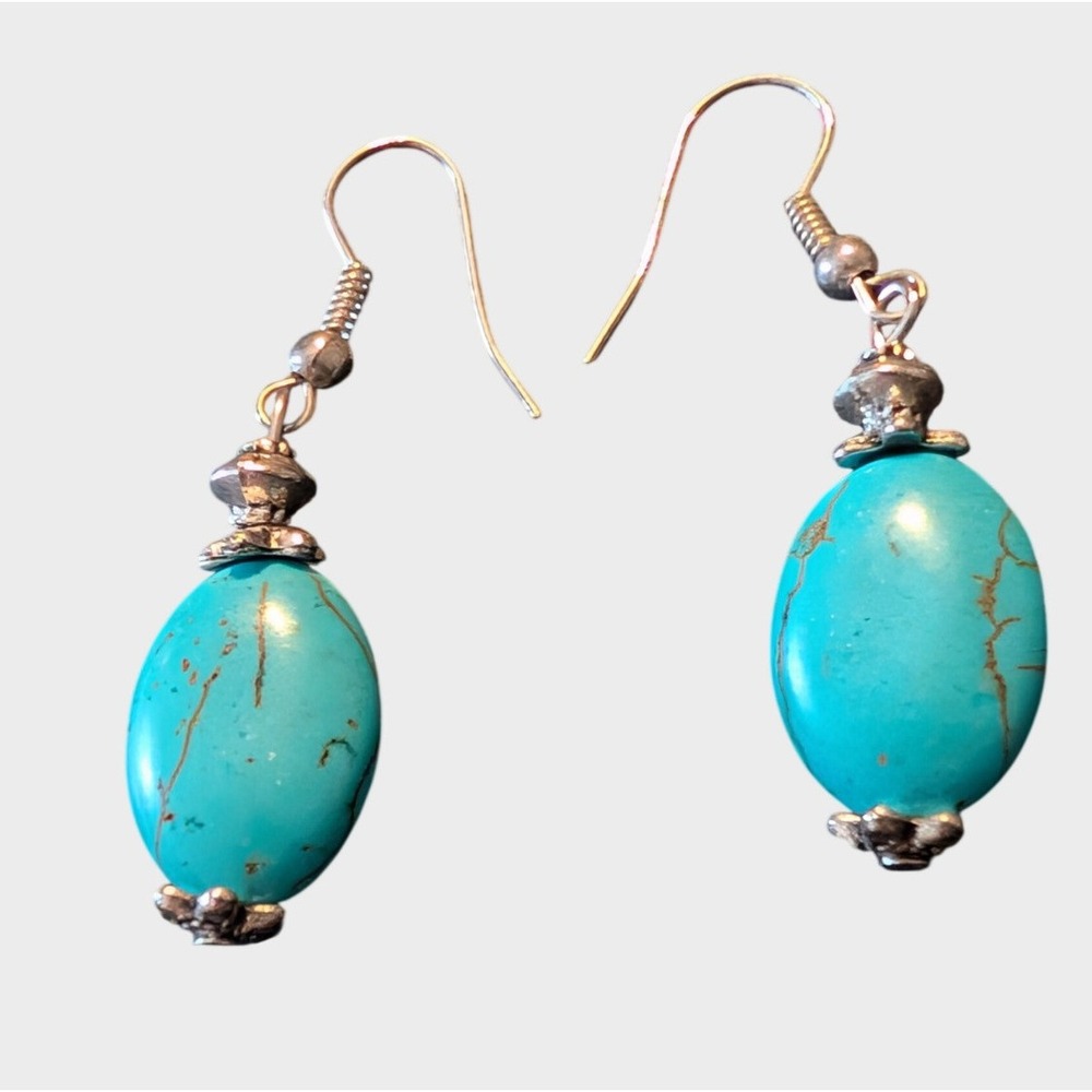 Vintage Aqua Blue Drop Earrings Oval Dyed Stone Silver Tone Dangle Boho